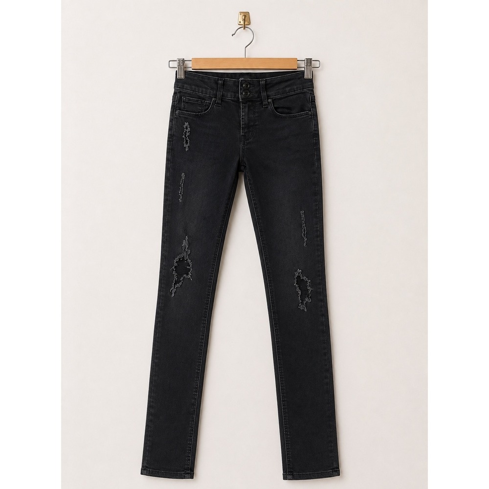 SO Girls Black Distressed Skinny Jeans Double Button Stretch Denim Size 8